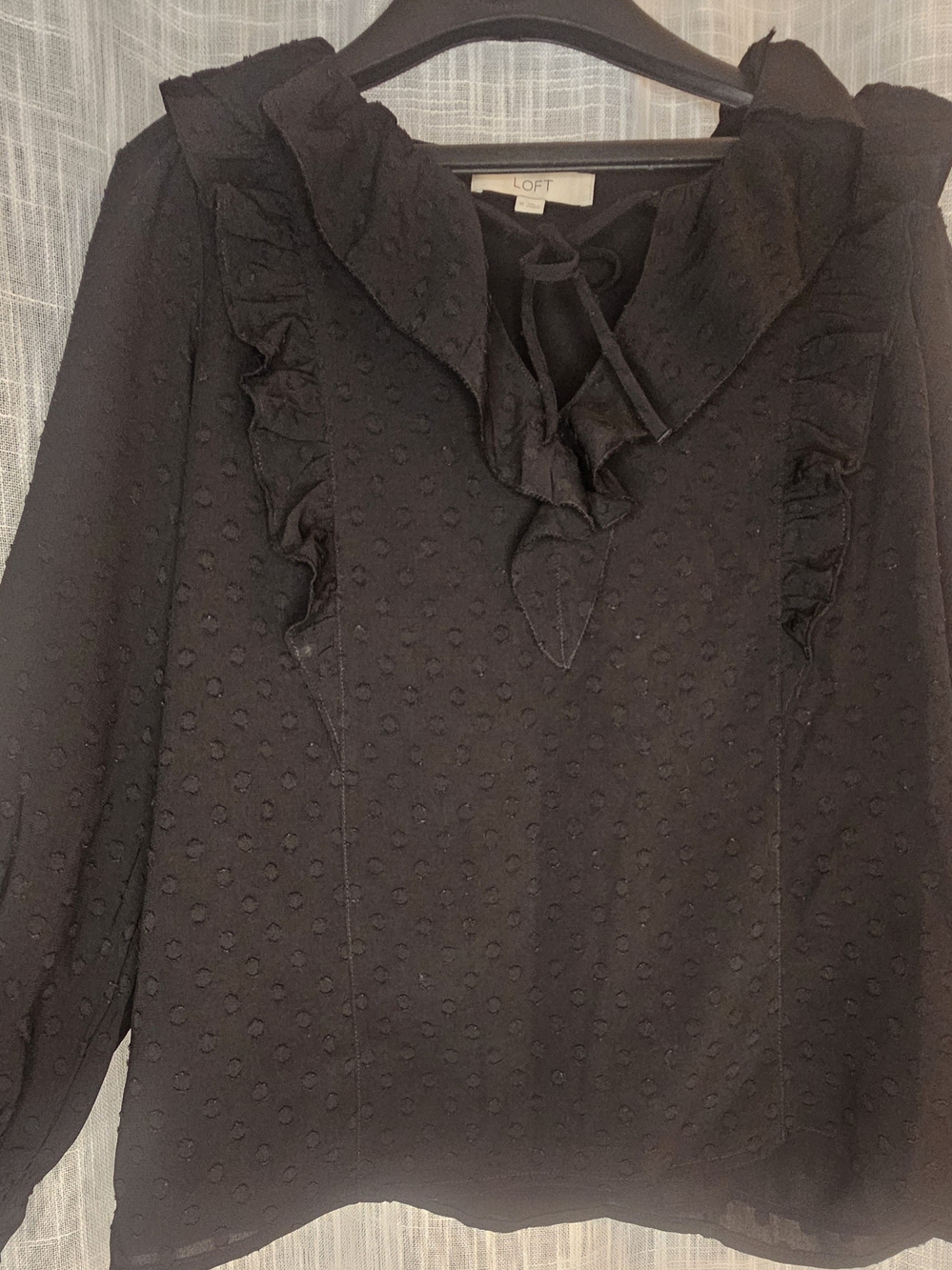 LOFT Black Ruffled Swiss Dot Blouse